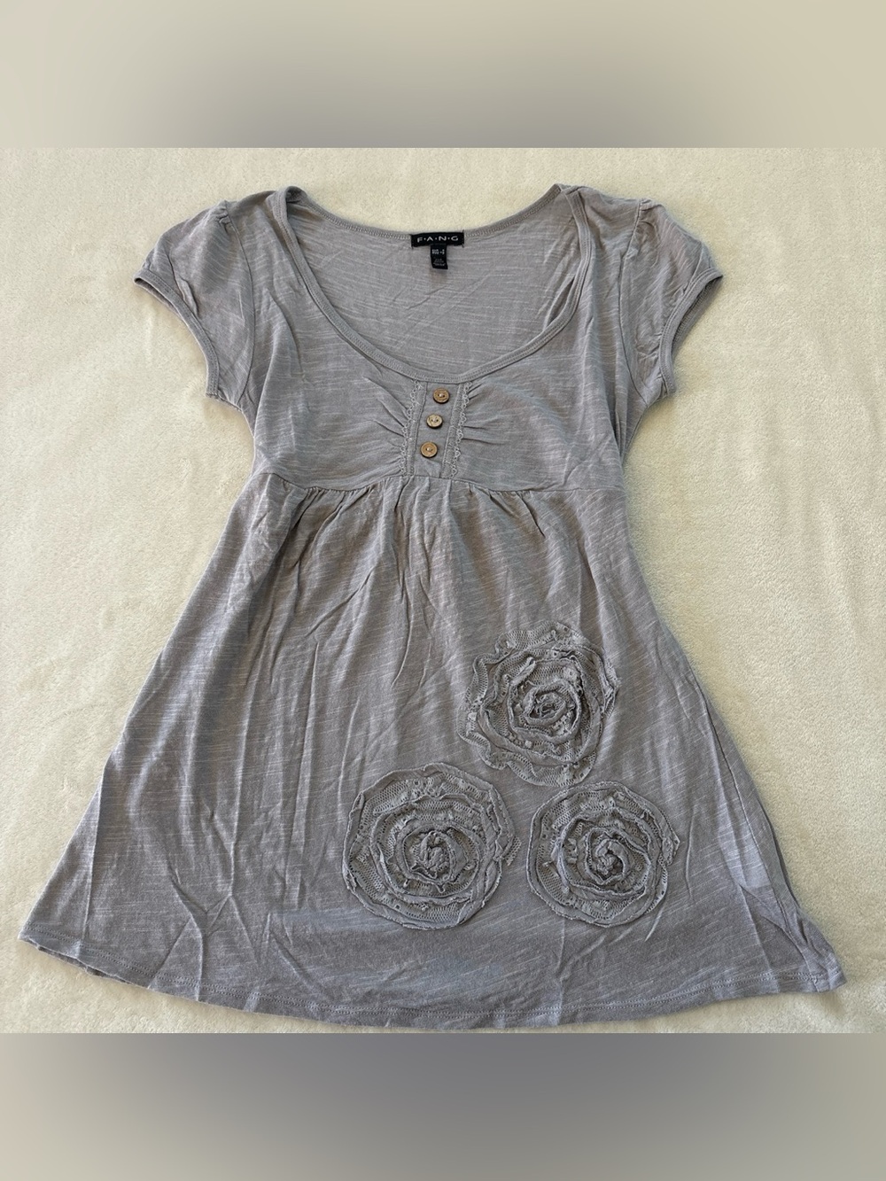 Y2K Small FANG Gray Babydoll Blouse Floral Button Up Tie Back